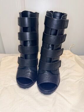 DKNY Black Strappy Peep-Toe Heeled Boots